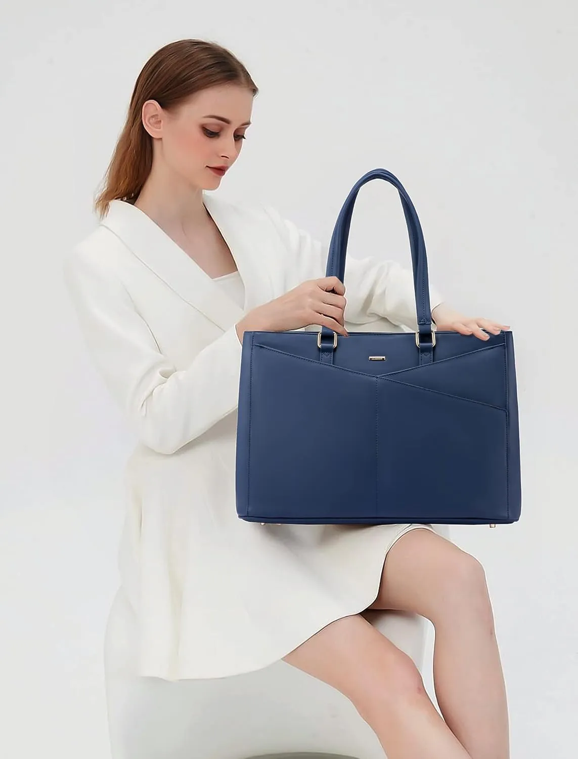 LOVEVOOK Laptop Bag for Women 15.6 Inch Tote Bags Waterproof Leather Briefcase Computer Women Business Office Work Bag,Navy Blue