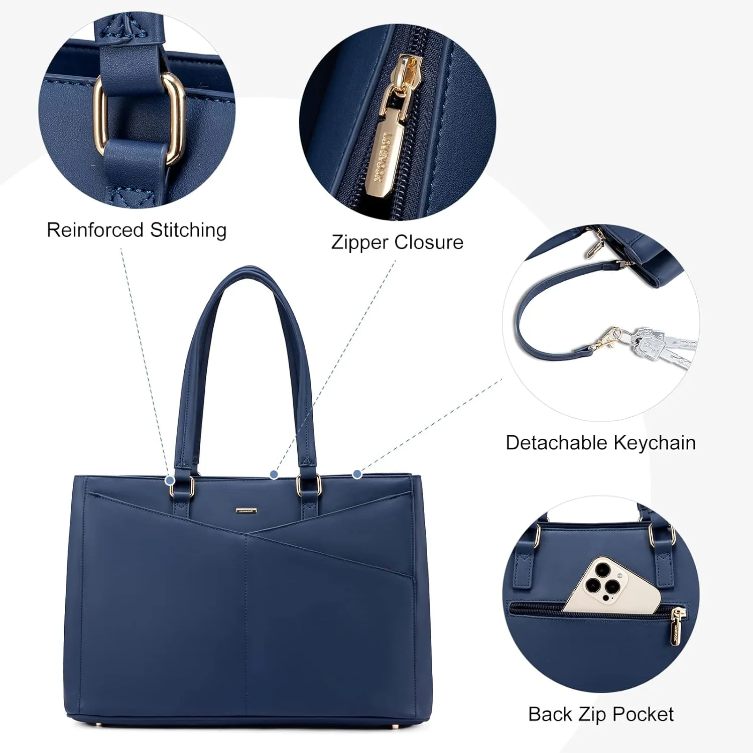LOVEVOOK Laptop Bag for Women 15.6 Inch Tote Bags Waterproof Leather Briefcase Computer Women Business Office Work Bag,Navy Blue