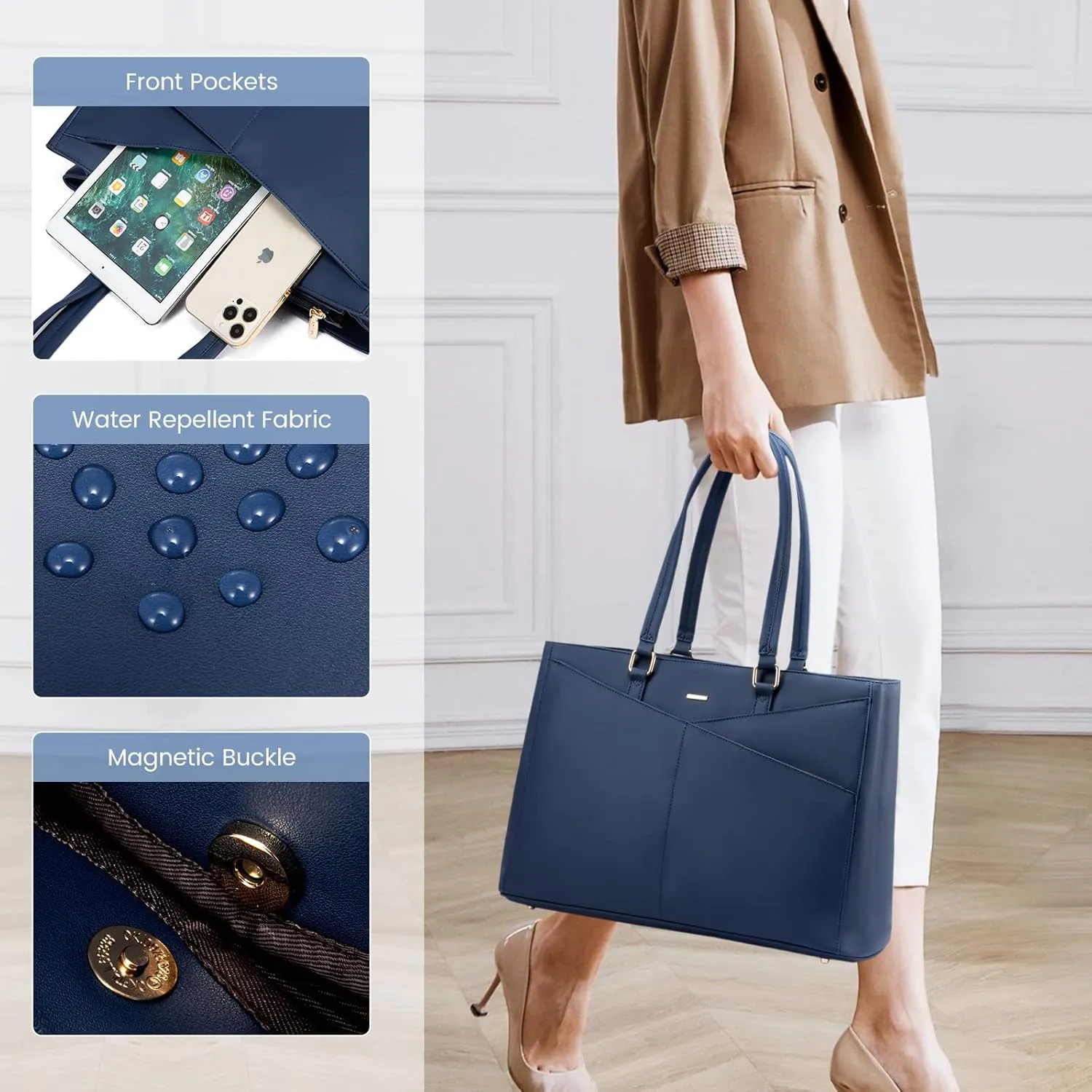 LOVEVOOK Laptop Bag for Women 15.6 Inch Tote Bags Waterproof Leather Briefcase Computer Women Business Office Work Bag,Navy Blue