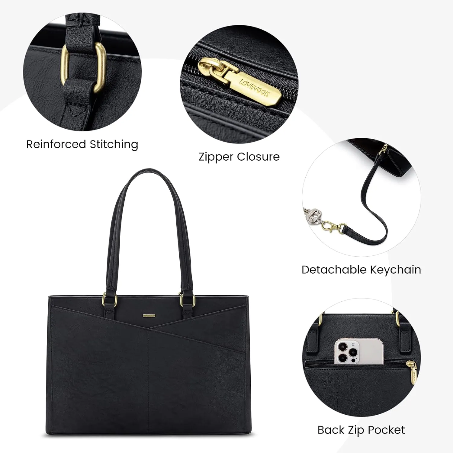 LOVEVOOK Laptop Bag for Women 15.6 Inch Tote Bags Waterproof Leather Briefcase Computer Women Business Office Work Bag,Vintage Black