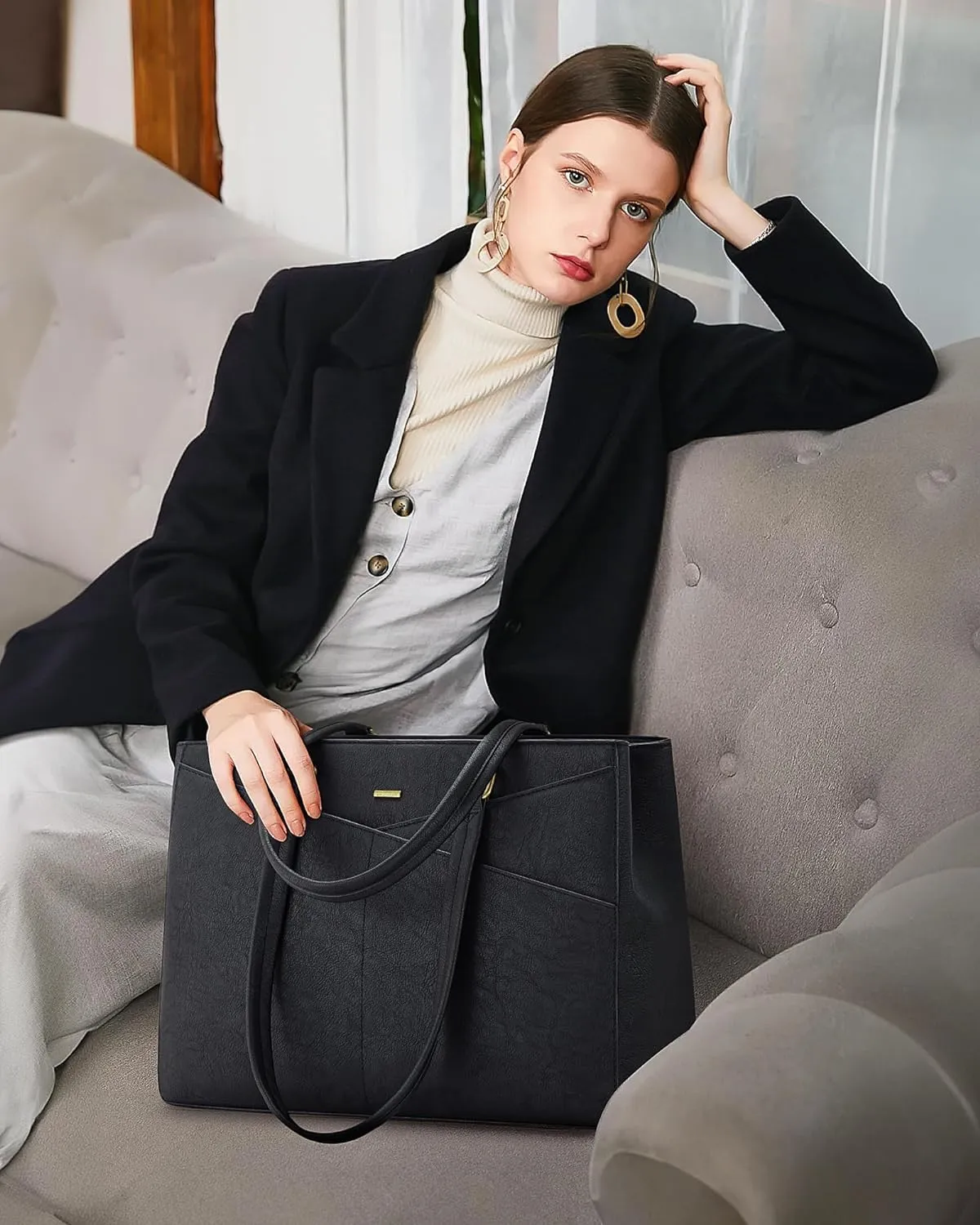 LOVEVOOK Laptop Bag for Women 15.6 Inch Tote Bags Waterproof Leather Briefcase Computer Women Business Office Work Bag,Vintage Black