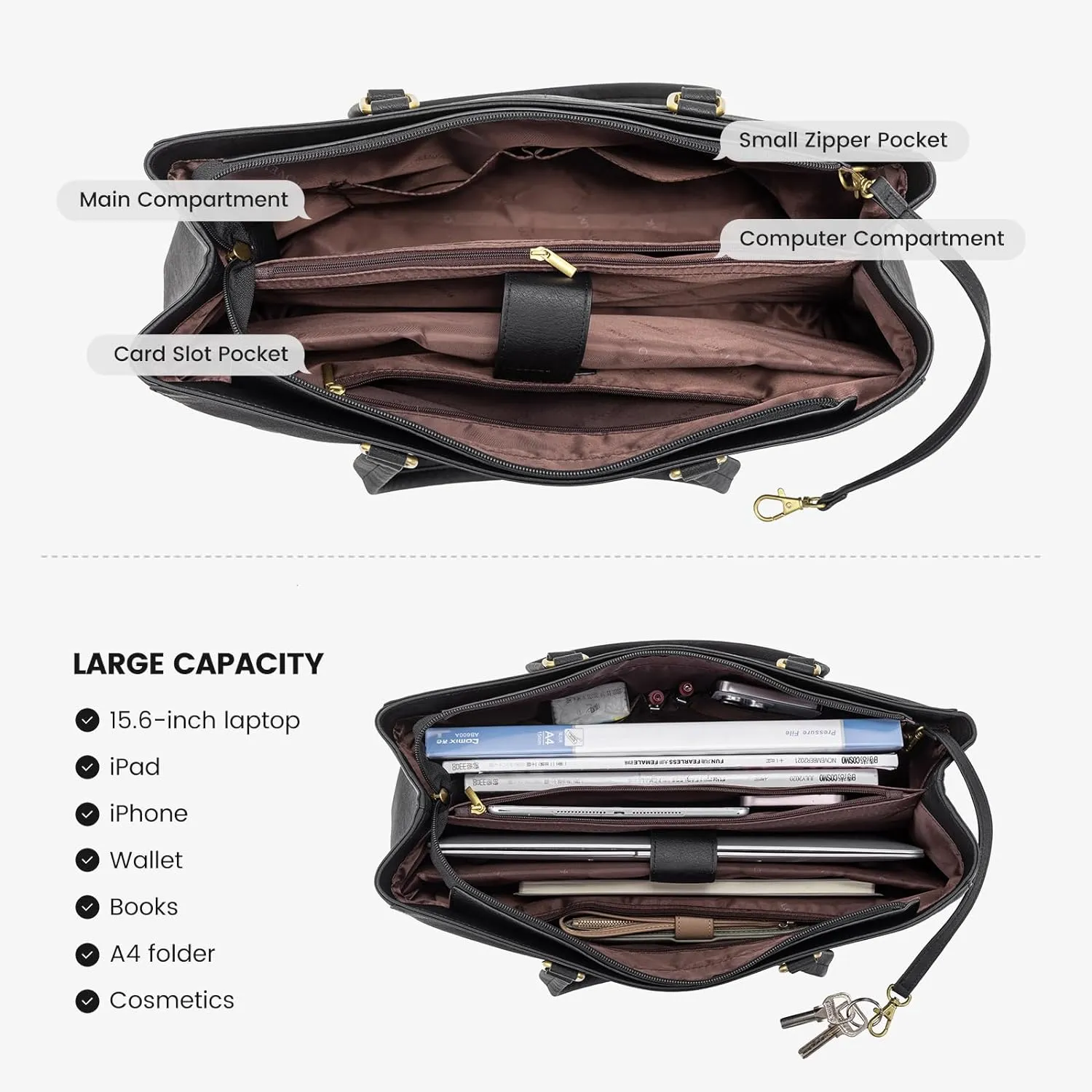 LOVEVOOK Laptop Bag for Women 15.6 Inch Tote Bags Waterproof Leather Briefcase Computer Women Business Office Work Bag,Vintage Black
