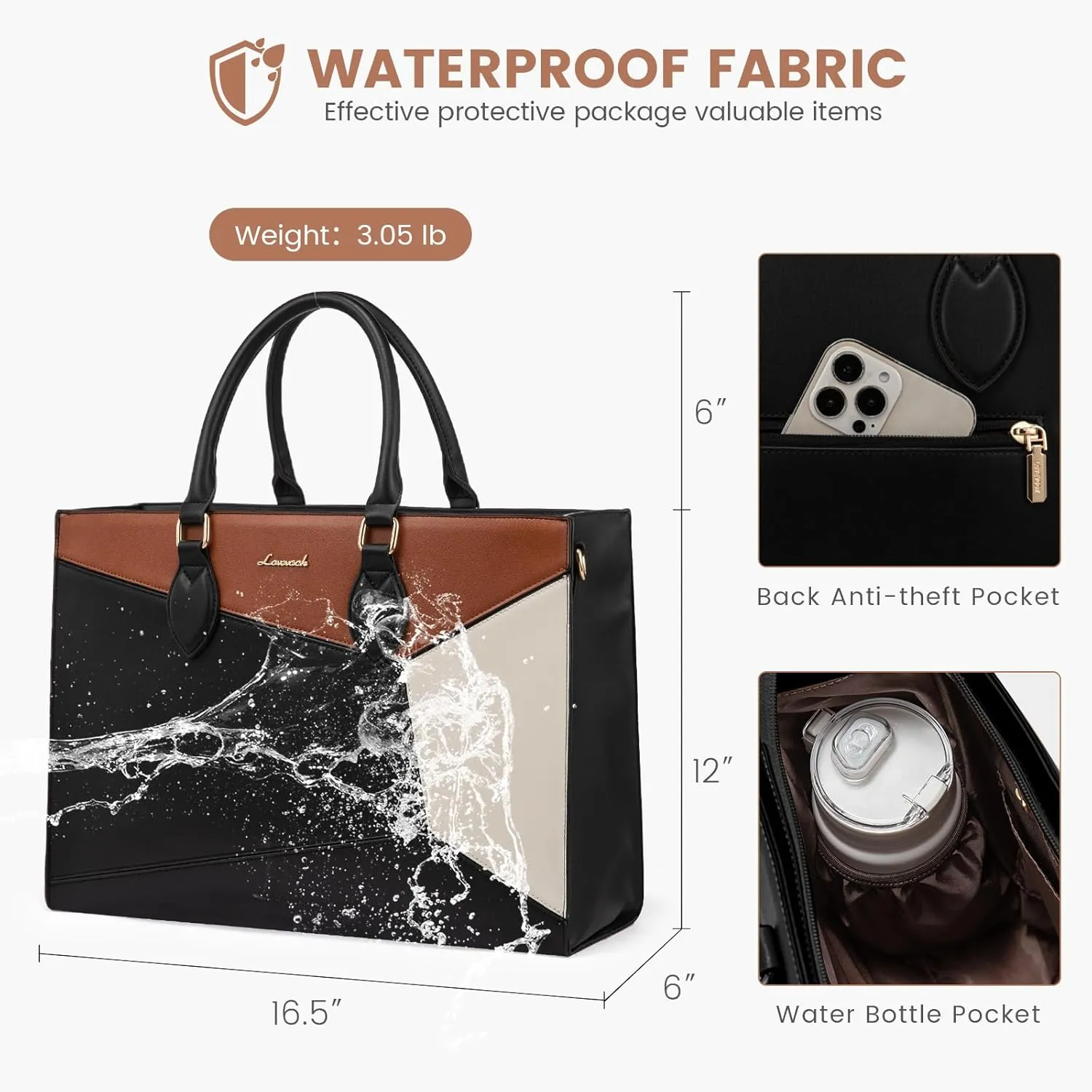 LOVEVOOK Laptop Bag for Women,15.6 lnch Waterproof Lightweight Leather Tote Bag,Professional Business Office Work Bags with Clutch Purse, Large Capacity Computer Shoulder Handbag,Black-White-Brown