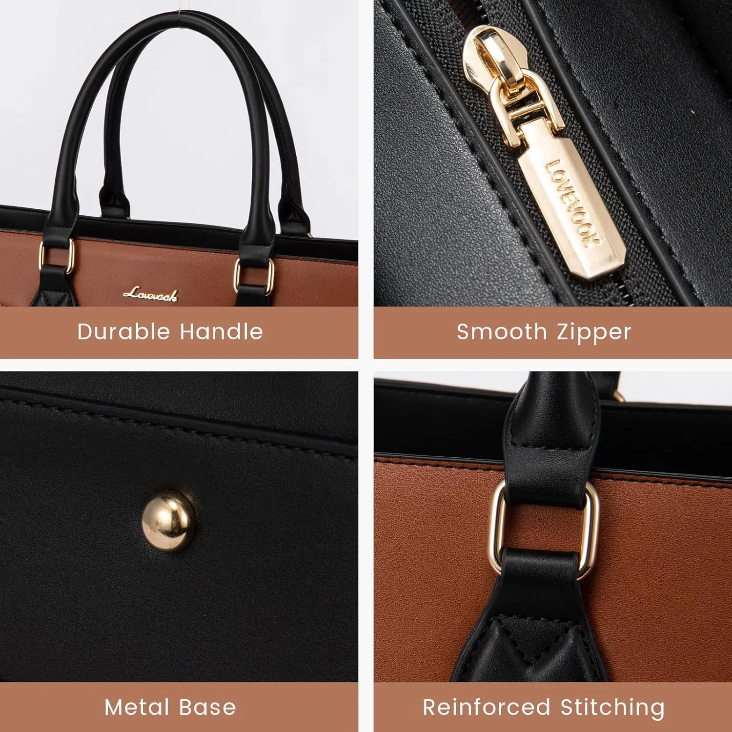 LOVEVOOK Laptop Bag for Women,15.6 lnch Waterproof Lightweight Leather Tote Bag,Professional Business Office Work Bags with Clutch Purse, Large Capacity Computer Shoulder Handbag,Black-White-Brown