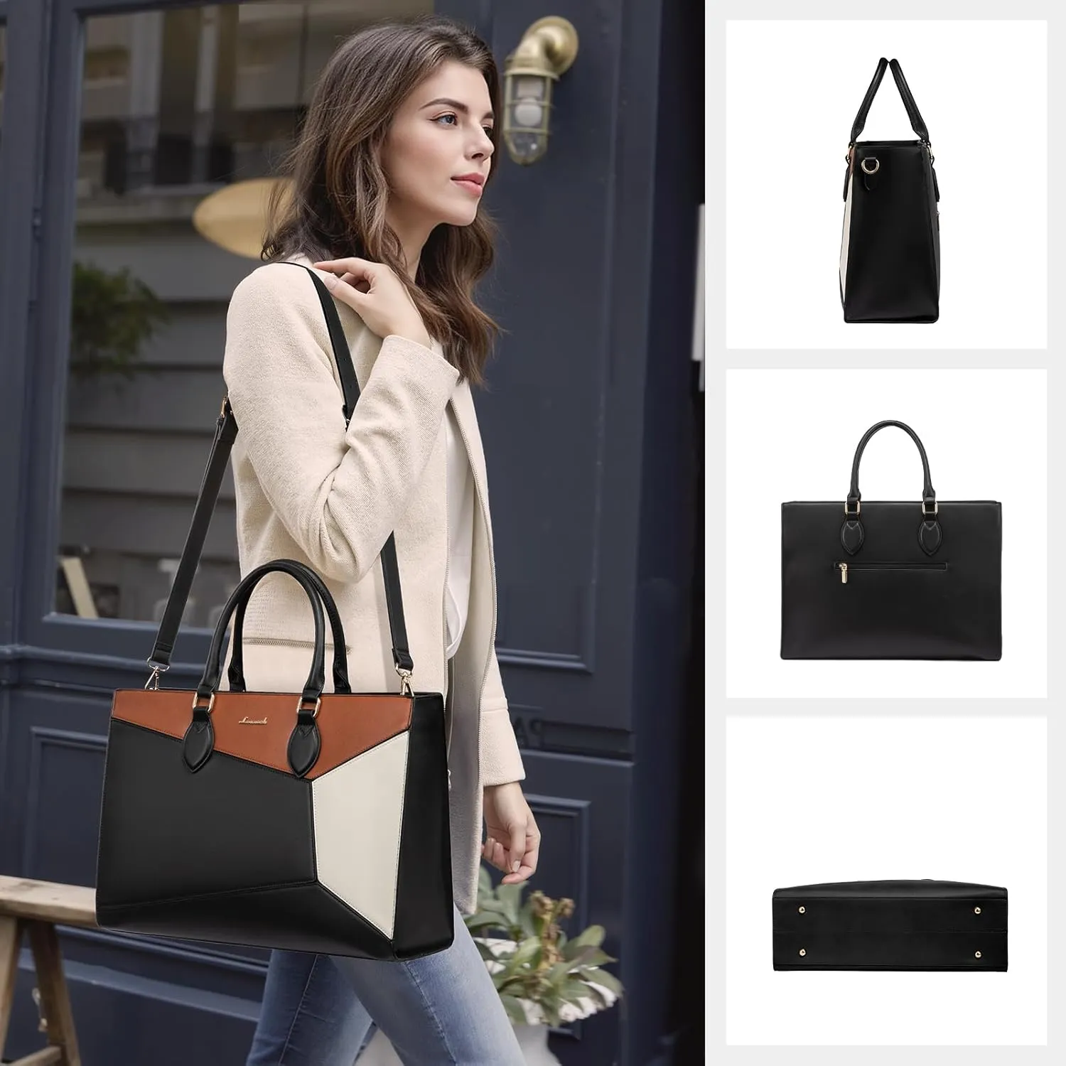 LOVEVOOK Laptop Bag for Women,15.6 lnch Waterproof Lightweight Leather Tote Bag,Professional Business Office Work Bags with Clutch Purse, Large Capacity Computer Shoulder Handbag,Black-White-Brown