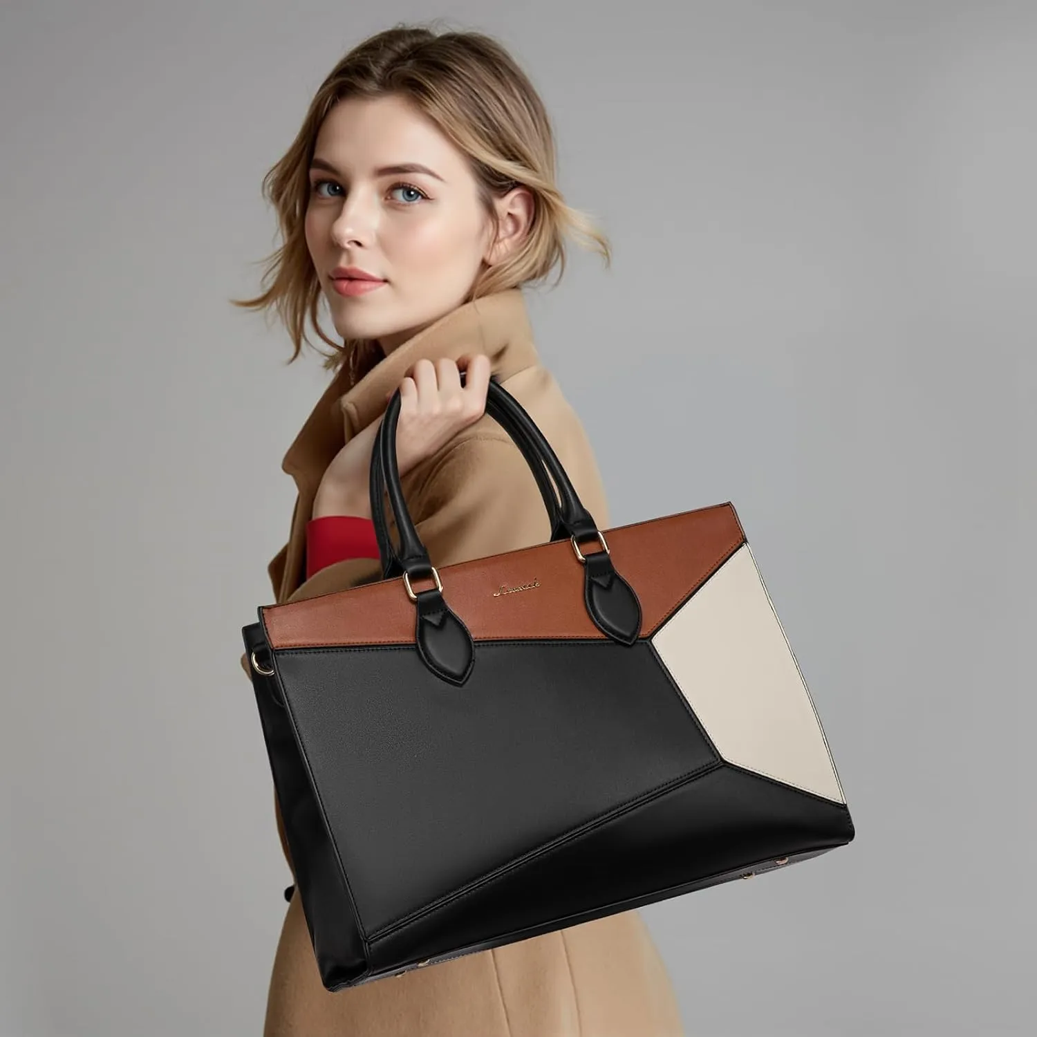 LOVEVOOK Laptop Bag for Women,15.6 lnch Waterproof Lightweight Leather Tote Bag,Professional Business Office Work Bags with Clutch Purse, Large Capacity Computer Shoulder Handbag,Black-White-Brown
