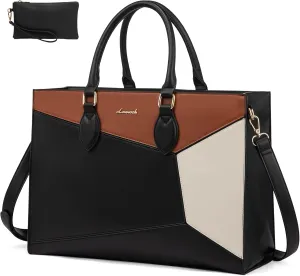 LOVEVOOK Laptop Bag for Women,15.6 lnch Waterproof Lightweight Leather Tote Bag,Professional Business Office Work Bags with Clutch Purse, Large Capacity Computer Shoulder Handbag,Black-White-Brown