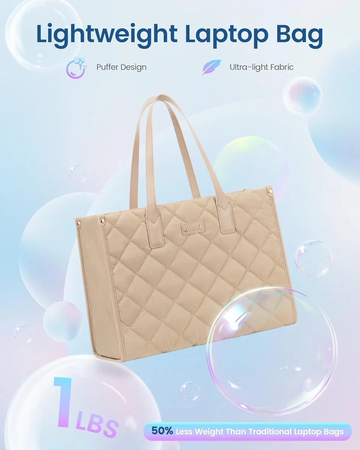 LOVEVOOK Laptop Puffer Tote Bag for Women, Lightweight Puffy Work Tote Bags fits 17 inch Computer, Cute Quilted Laptop Purse, Professional Business Office Briefcase Handbag, Khaki