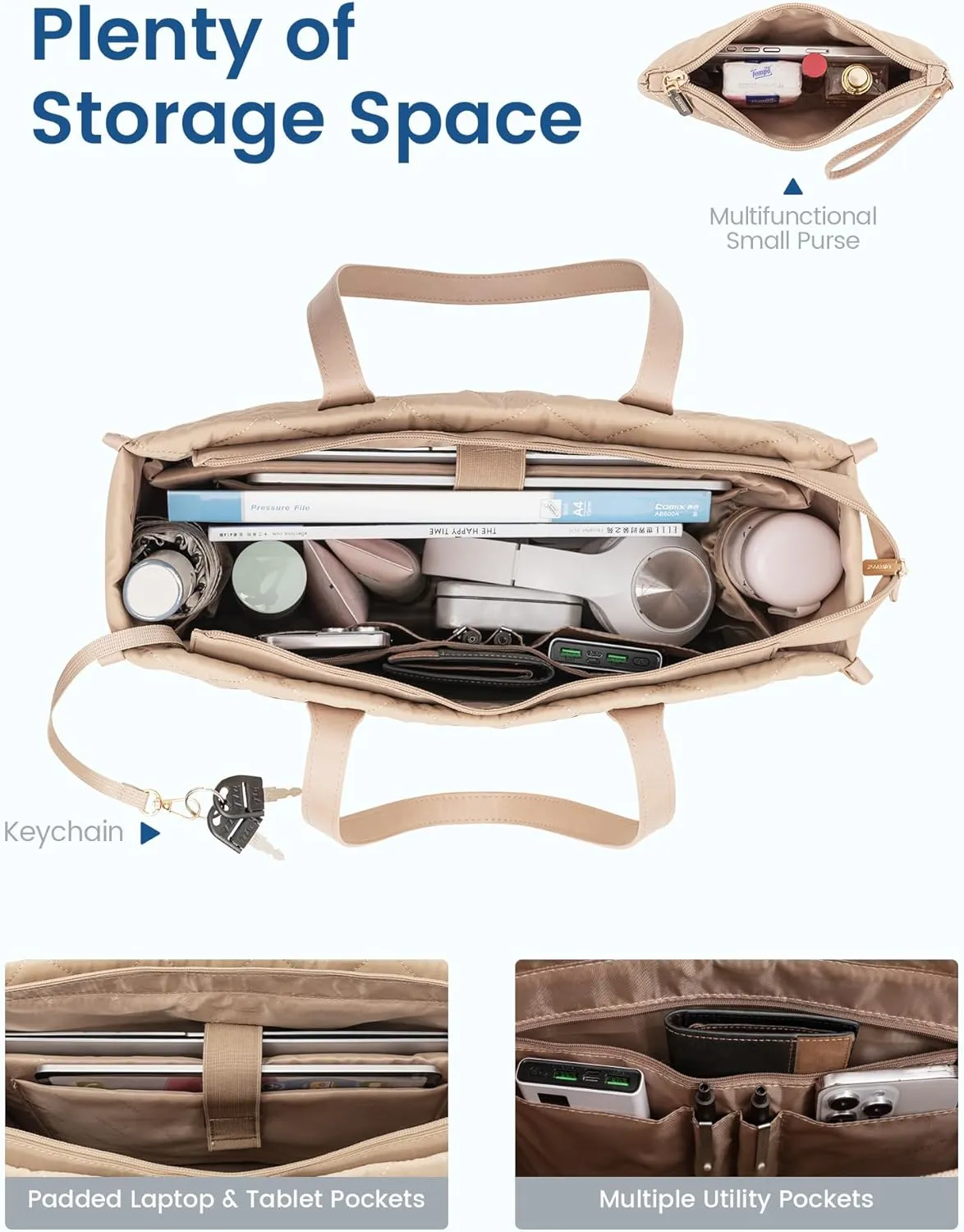 LOVEVOOK Laptop Puffer Tote Bag for Women, Lightweight Puffy Work Tote Bags fits 17 inch Computer, Cute Quilted Laptop Purse, Professional Business Office Briefcase Handbag, Khaki