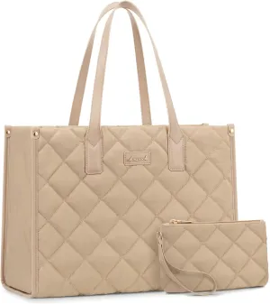 LOVEVOOK Laptop Puffer Tote Bag for Women, Lightweight Puffy Work Tote Bags fits 17 inch Computer, Cute Quilted Laptop Purse, Professional Business Office Briefcase Handbag, Khaki