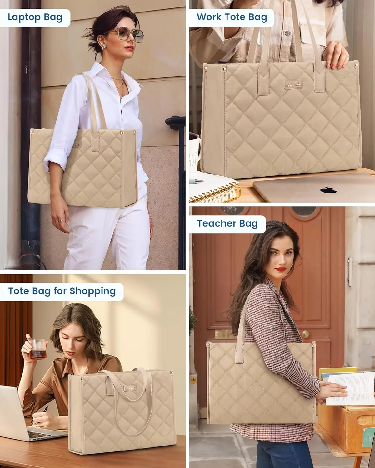 LOVEVOOK Laptop Puffer Tote Bag for Women, Lightweight Puffy Work Tote Bags fits 17 inch Computer, Cute Quilted Laptop Purse, Professional Business Office Briefcase Handbag, Khaki