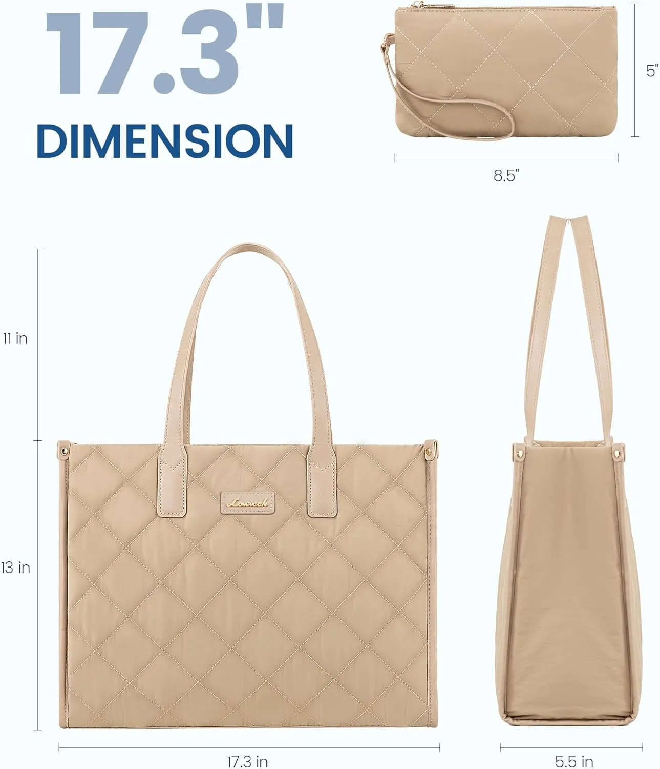 LOVEVOOK Laptop Puffer Tote Bag for Women, Lightweight Puffy Work Tote Bags fits 17 inch Computer, Cute Quilted Laptop Purse, Professional Business Office Briefcase Handbag, Khaki