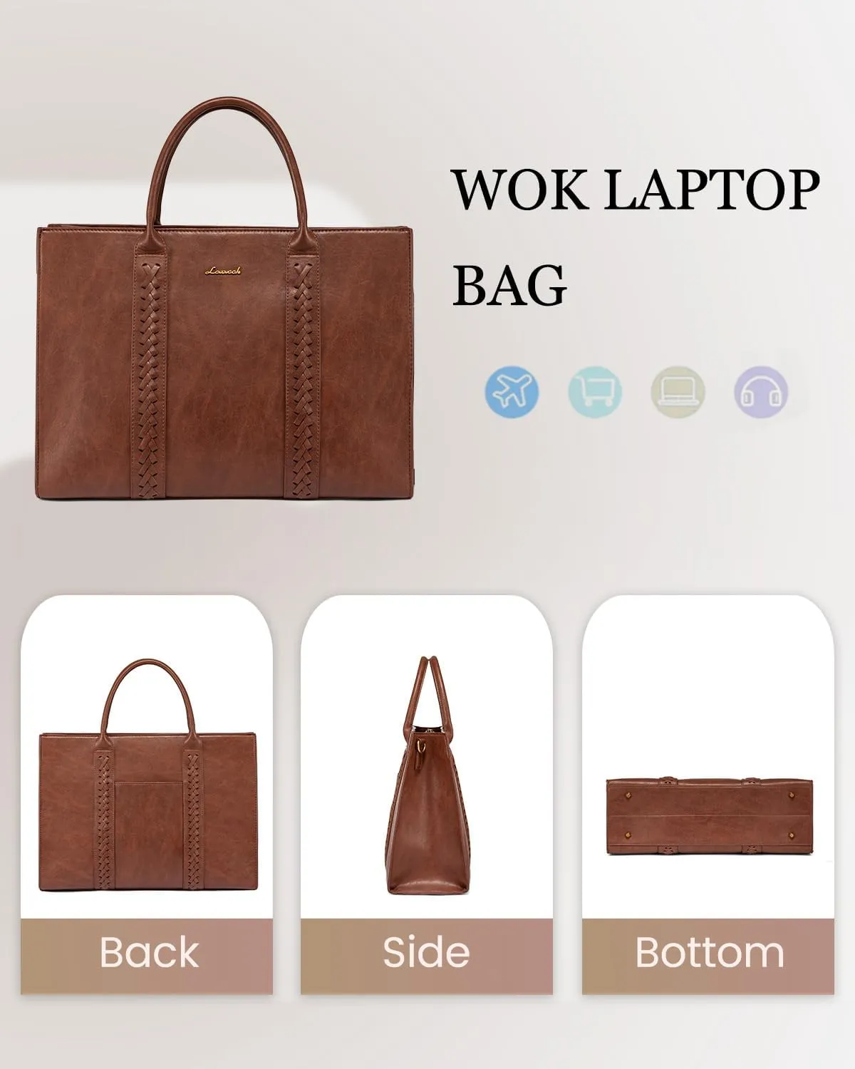 LOVEVOOK Laptop Tote Bag for Women, Vintage Leather Work Bag With Cup Holder, Waterproof Computer Purse, Professional Briefcase Office Shoulder Handbag, 15.6 Inch, Brown