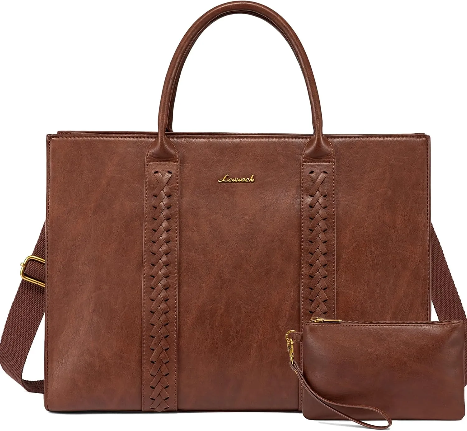 LOVEVOOK Laptop Tote Bag for Women, Vintage Leather Work Bag With Cup Holder, Waterproof Computer Purse, Professional Briefcase Office Shoulder Handbag, 15.6 Inch, Brown