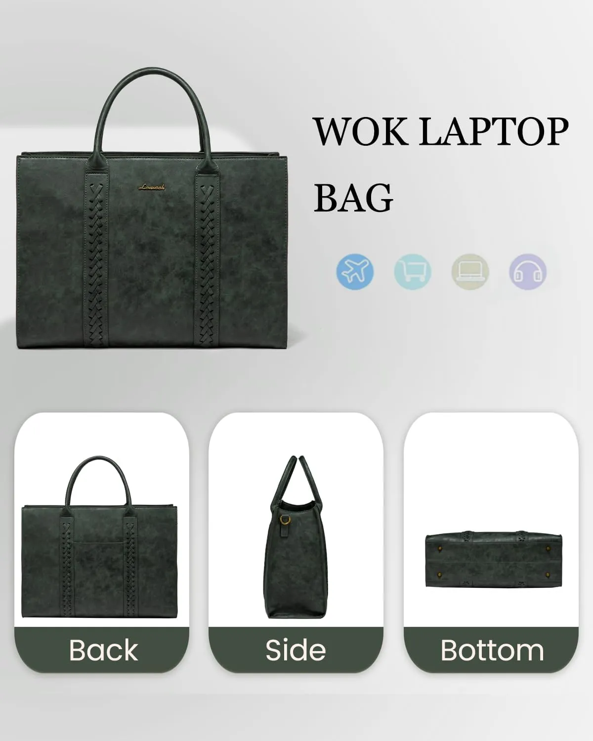 LOVEVOOK Laptop Tote Bag for Women, Vintage Leather Work Bags 15.6 inch Laptop Bag, Waterproof Computer Bag Business Office Briefcase, Green