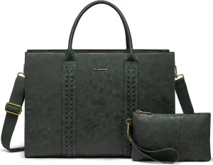 LOVEVOOK Laptop Tote Bag for Women, Vintage Leather Work Bags 15.6 inch Laptop Bag, Waterproof Computer Bag Business Office Briefcase, Green
