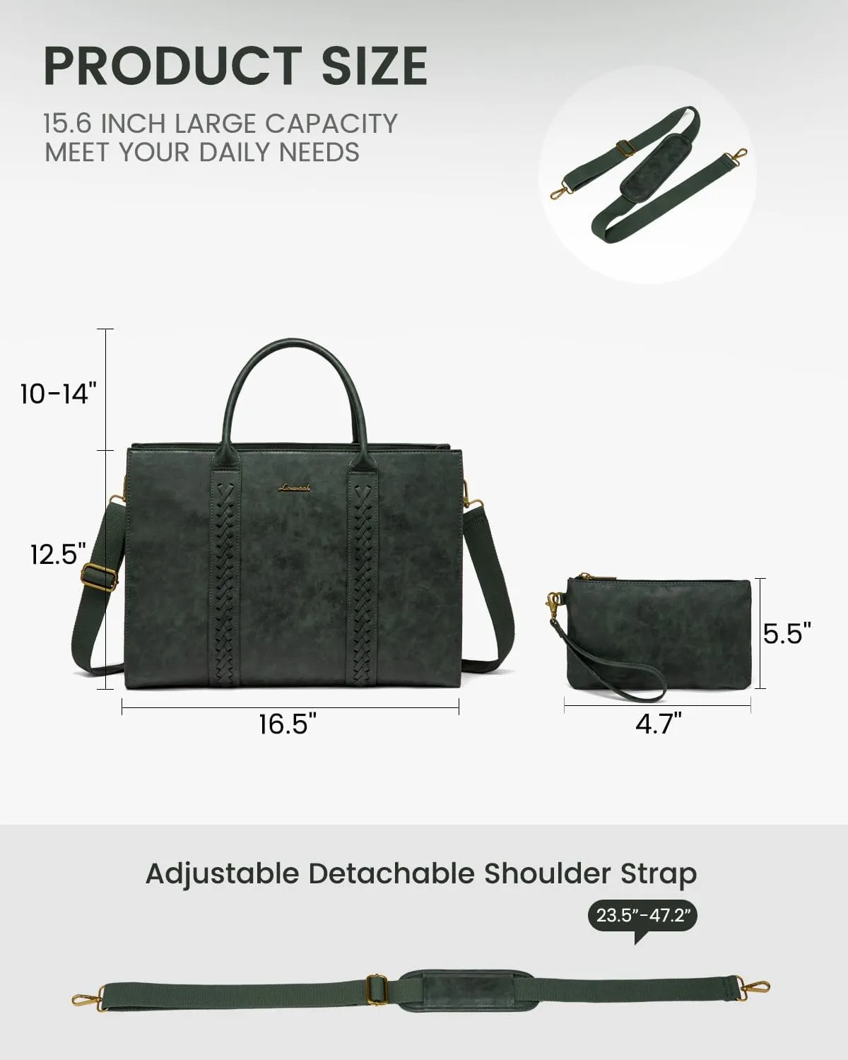 LOVEVOOK Laptop Tote Bag for Women, Vintage Leather Work Bags 15.6 inch Laptop Bag, Waterproof Computer Bag Business Office Briefcase, Green