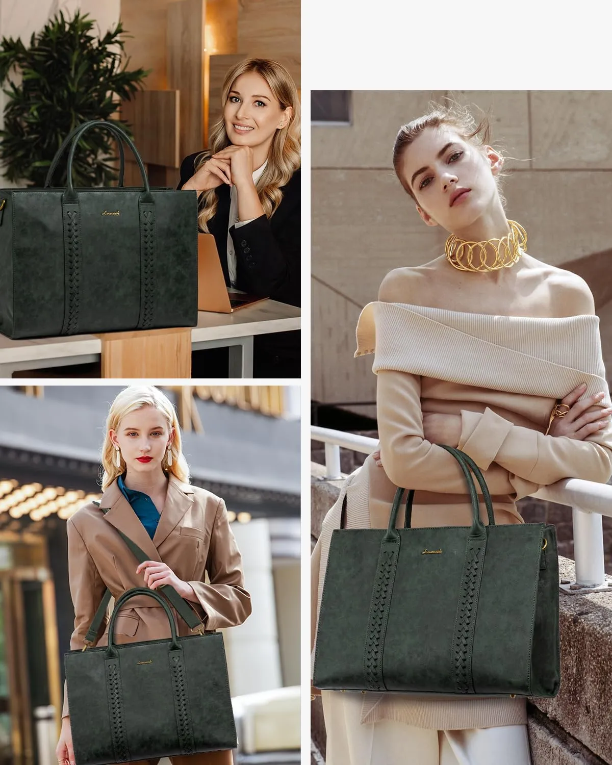 LOVEVOOK Laptop Tote Bag for Women, Vintage Leather Work Bags 15.6 inch Laptop Bag, Waterproof Computer Bag Business Office Briefcase, Green