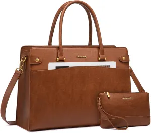 LOVEVOOK Laptop Tote Bag For Women Work, Leather Computer Bags For Laptops For Women, Vintage Waterproof Laptop Bag Business Briefcase Office Large Shoulder Handbag Purse, 17 Inch, Brown