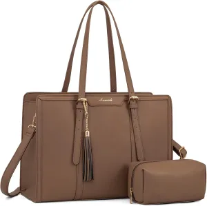 LOVEVOOK Laptop Tote for Women - 15.6 inch Lightweight PU Laptop Bag, Large Capacity Computer Bag with Clutch Purse for Business, Work, Office, Travel, Khaki