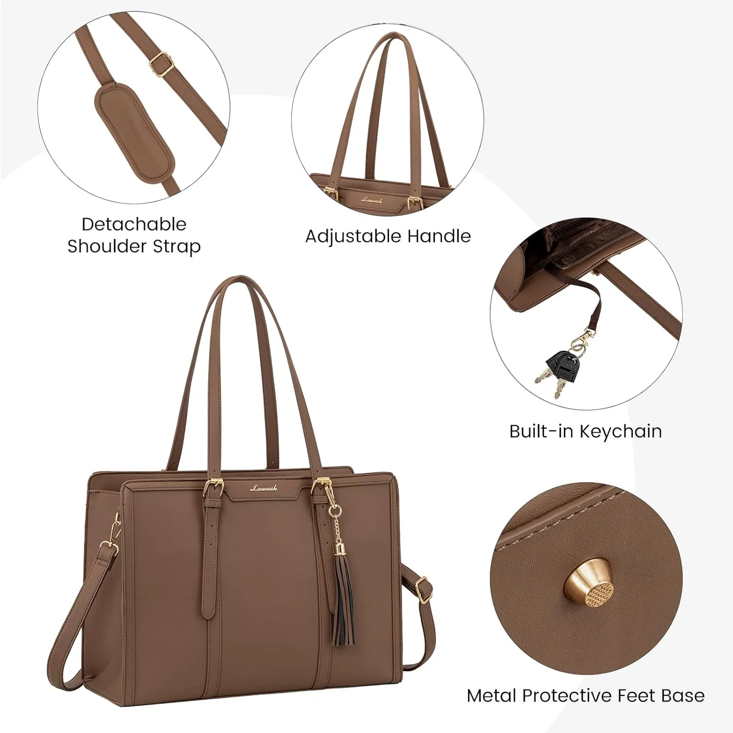 LOVEVOOK Laptop Tote for Women - 15.6 inch Lightweight PU Laptop Bag, Large Capacity Computer Bag with Clutch Purse for Business, Work, Office, Travel, Khaki