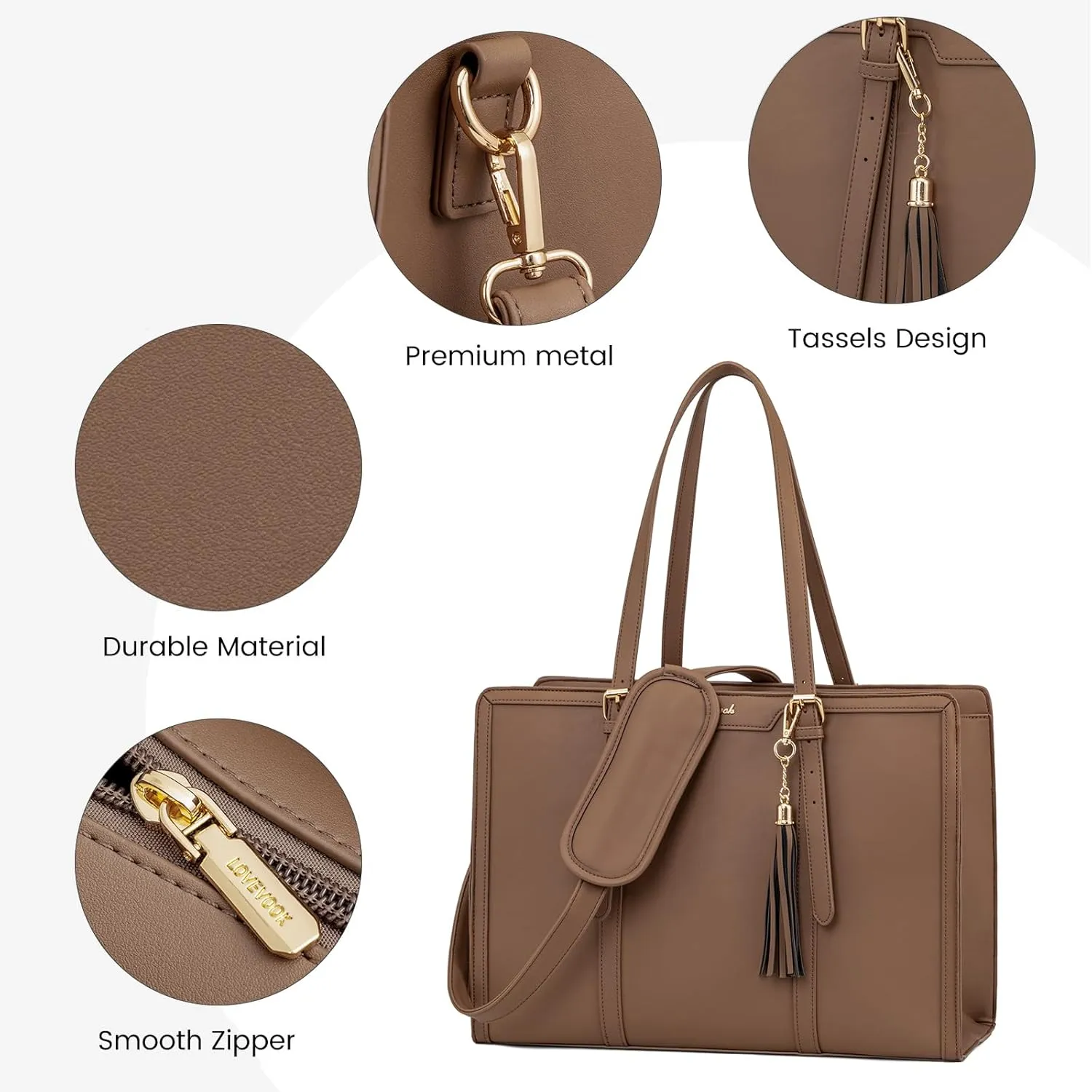 LOVEVOOK Laptop Tote for Women - 15.6 inch Lightweight PU Laptop Bag, Large Capacity Computer Bag with Clutch Purse for Business, Work, Office, Travel, Khaki