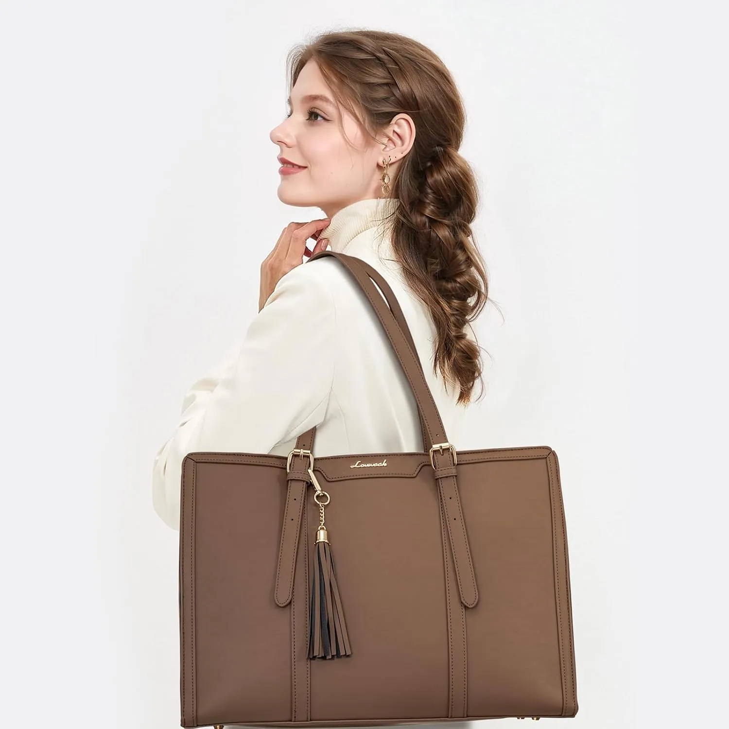 LOVEVOOK Laptop Tote for Women - 15.6 inch Lightweight PU Laptop Bag, Large Capacity Computer Bag with Clutch Purse for Business, Work, Office, Travel, Khaki