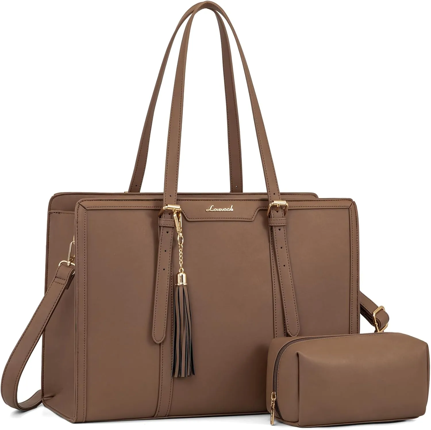 LOVEVOOK Laptop Tote for Women - 15.6 inch Lightweight PU Laptop Bag, Large Capacity Computer Bag with Clutch Purse for Business, Work, Office, Travel, Khaki