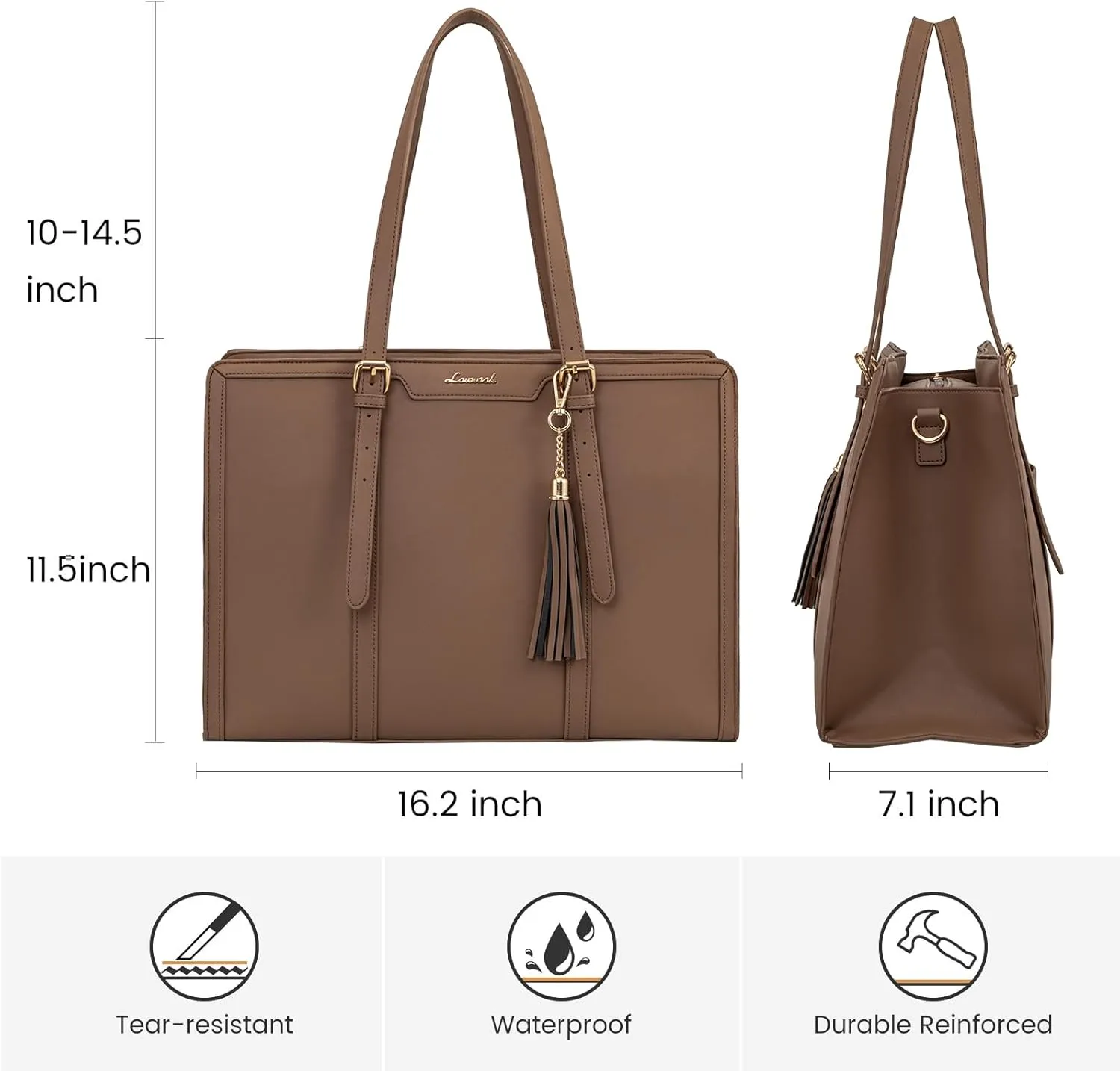 LOVEVOOK Laptop Tote for Women - 15.6 inch Lightweight PU Laptop Bag, Large Capacity Computer Bag with Clutch Purse for Business, Work, Office, Travel, Khaki