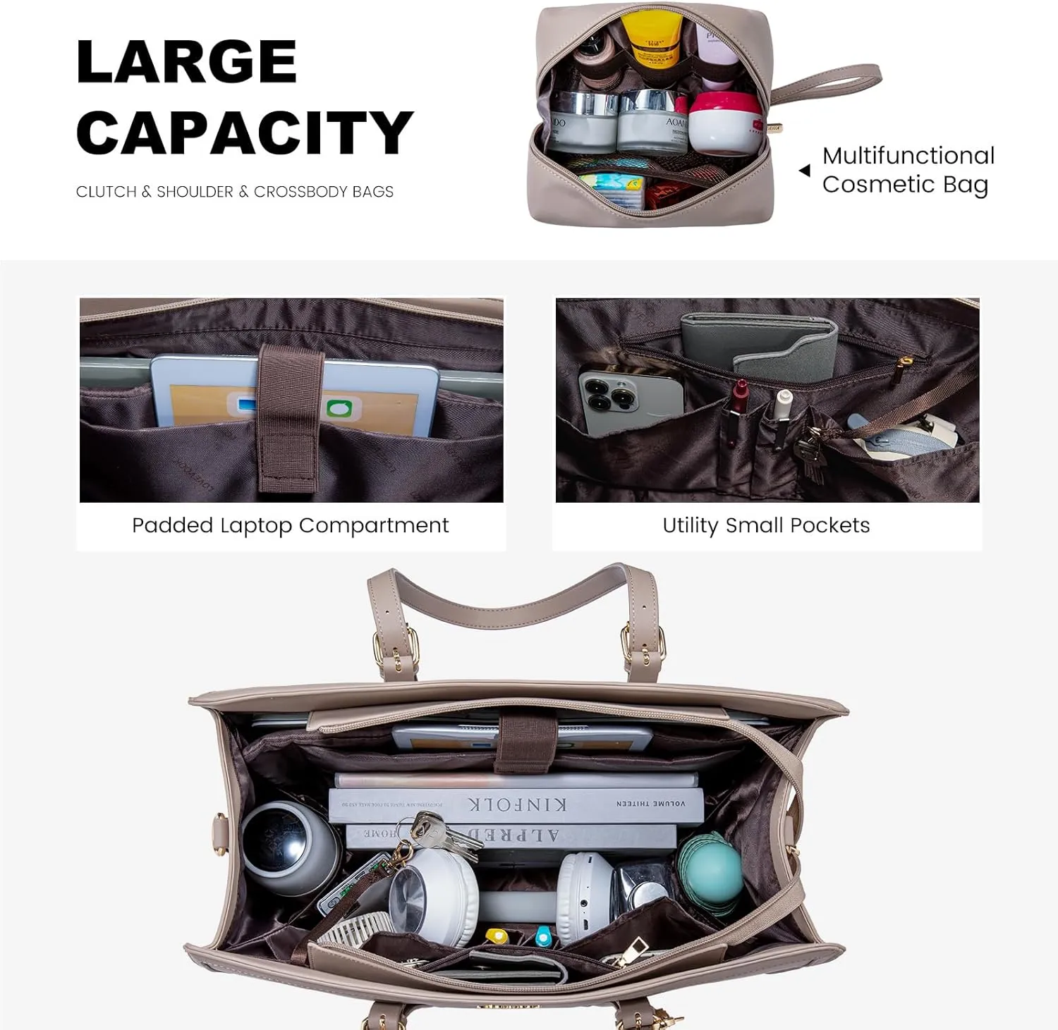 LOVEVOOK Laptop Tote for Women - 15.6 inch Lightweight PU Laptop Bag, Large Capacity Computer Bag with Clutch Purse for Business, Work, Travel, School, Casual (Cinnamon, 15.6 Inch)