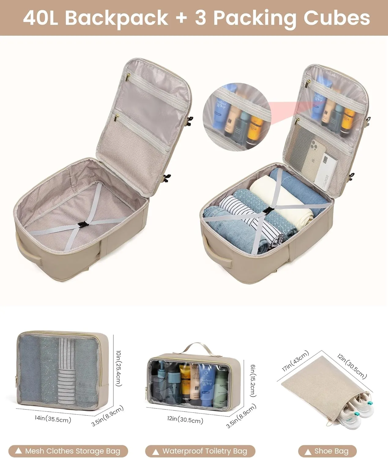 LOVEVOOK Large Travel Backpack for Women, Carry On Bag Flight Approved, 40L TSA Personal Item Travel Bag with 3 Packing Cubes, Waterproof 17 Inch Laptop Hiking Casual Bag Backpack
