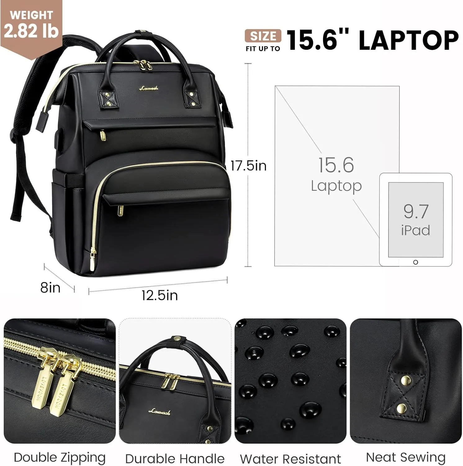 LOVEVOOK Leather Laptop Backpack for Women 17 inch,Travel Backpack Purse Nurse Teacher Backpack Computer Laptop Bag,Professional College Business Work Bags Carry On Backpack with USB Port,Black