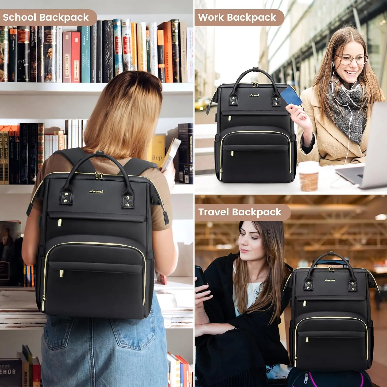 LOVEVOOK Leather Laptop Backpack for Women 17 inch,Travel Backpack Purse Nurse Teacher Backpack Computer Laptop Bag,Professional College Business Work Bags Carry On Backpack with USB Port,Black