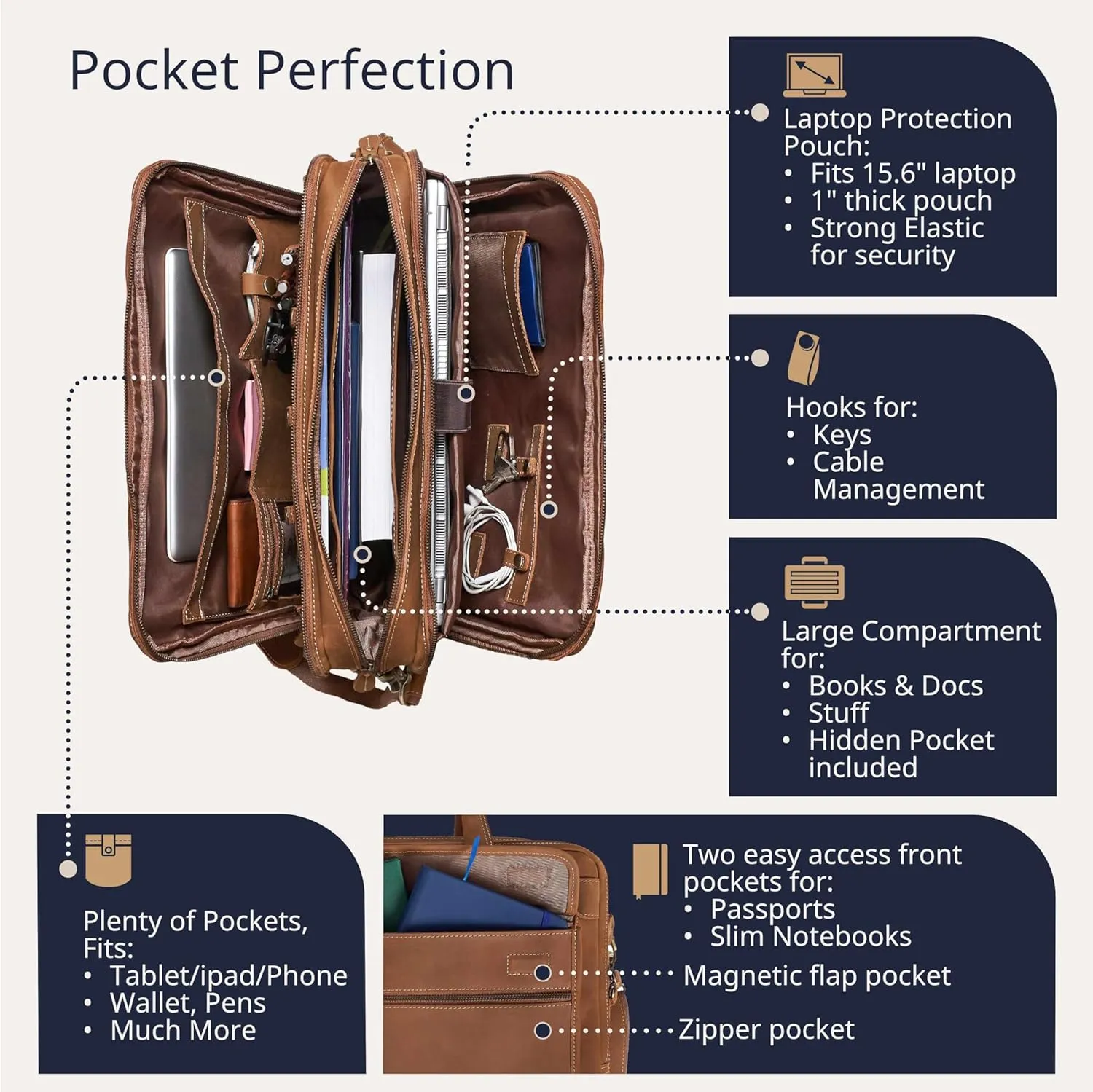 Luxorro Full Grain Leather Briefcase for Men, Light Brown, 17"(W) x 13"(H) x 5"(D), Fits 15.6 Inch Laptop