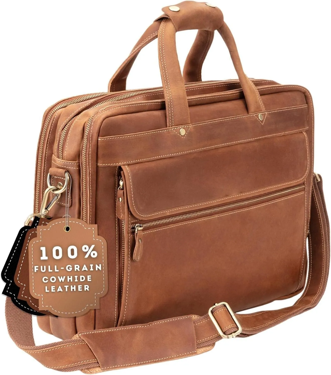 Luxorro Full Grain Leather Briefcase for Men, Light Brown, 17"(W) x 13"(H) x 5"(D), Fits 15.6 Inch Laptop
