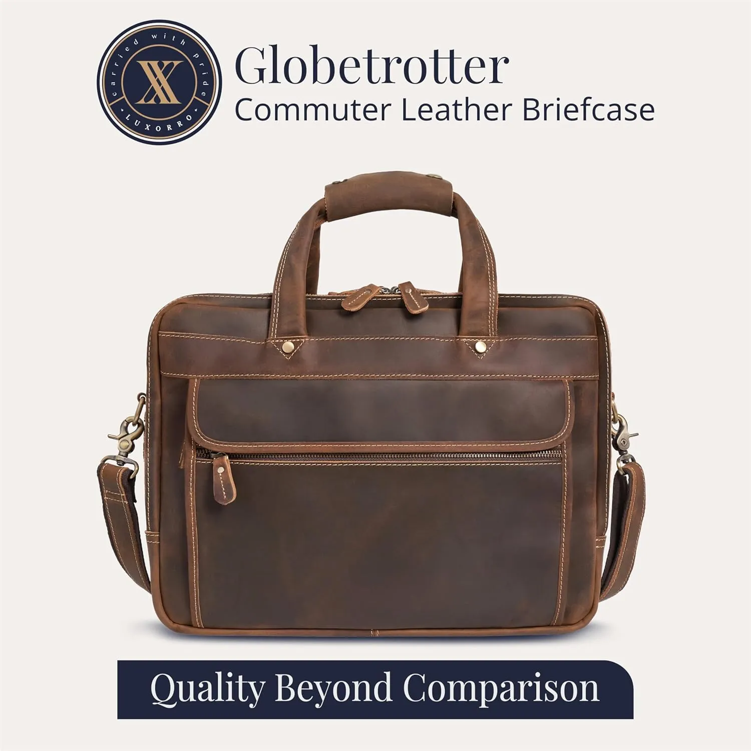 Luxorro Full Grain Leather Briefcase for Men, Top Choice Gifts, Handcrafted Laptop Bag with Multiple Compartments and Brass Hardware, Fits 15.6 Inch Laptop