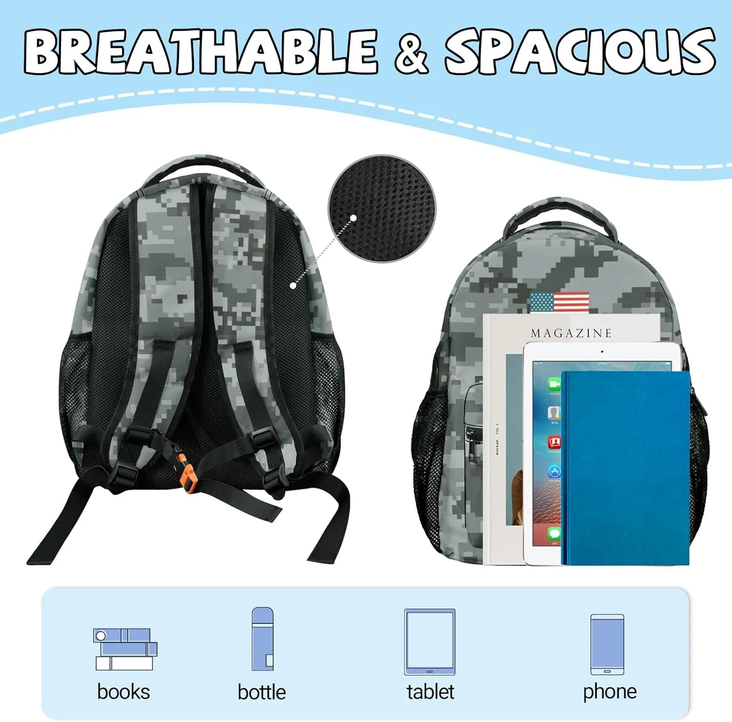 M YESCUSTOM Camo Backpack School Bags, Vintage USA Flag Middle School Primary School Bookbags, Lightweight Book Bags Laptop Backpacks for Students Boys Girls Teen Gifts