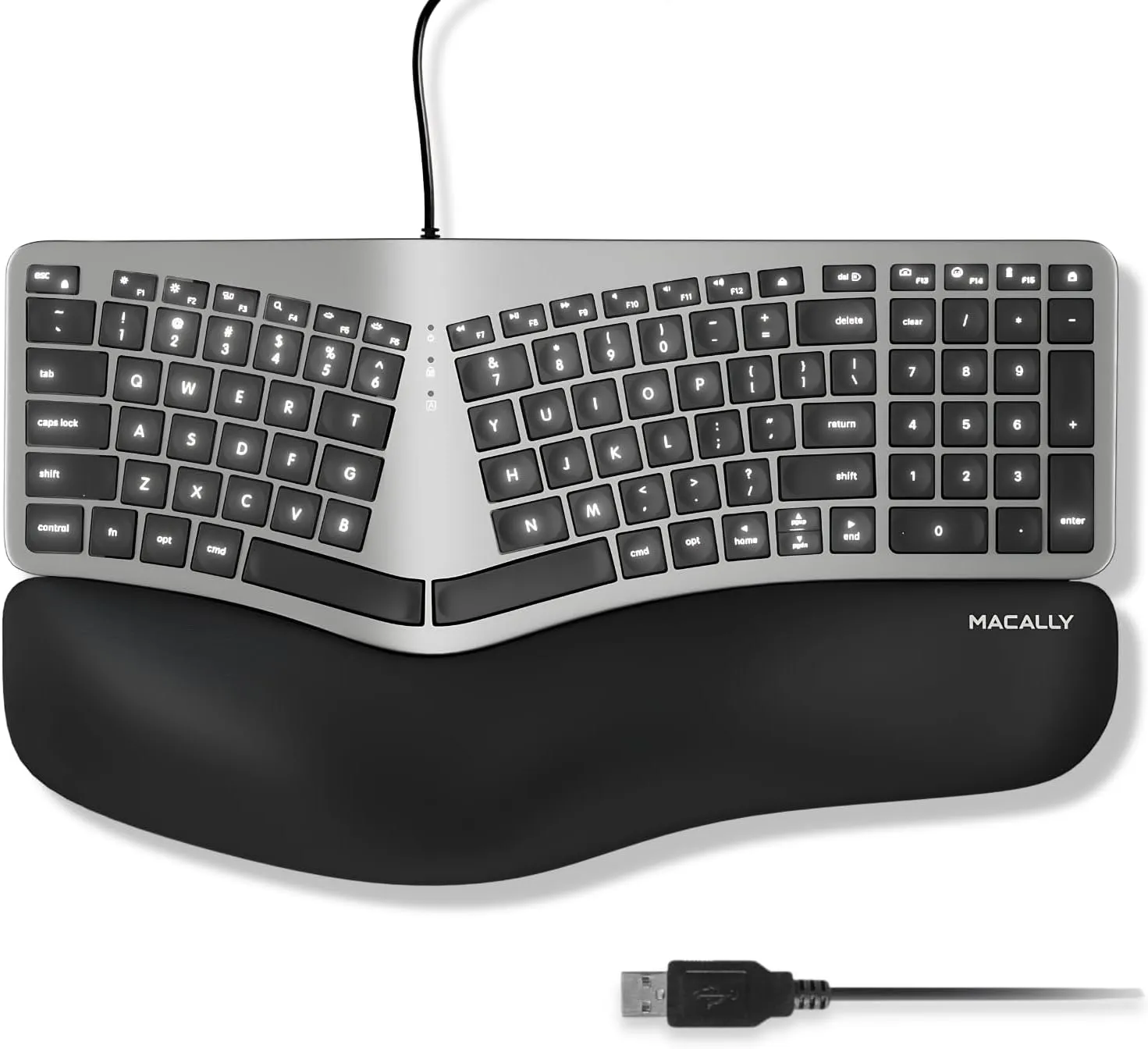 Macally Wired Ergonomic Keyboard for Mac - Compatible Backlit Apple Keyboard with Wrist Rest (Curved for Comfort) for MacBook Pro/Air, iMac, Mac Mini