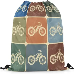 Manfei Retro Bicycle Waterproof Drawstrings Backpacks,Bike Silhouette Extreme Sports Cycling Bags for Shopping,Vintage Biege Brown Green Checker Plaids Sackpacks Gym Swim Packs Daypack