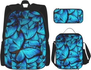 Many Blue Butterfly Print Versatile Adjustable Shoulder Fashion Backpack Lunch Bag Pencil Case Large Capacity