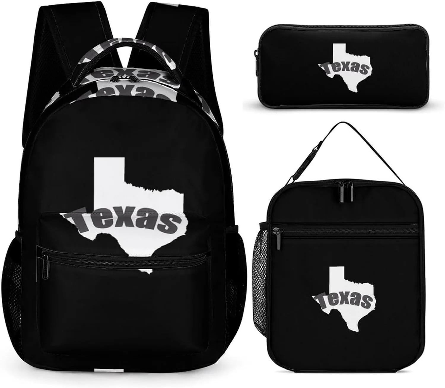 Map of Texas Large Capacity Backpacks with Lunch Bag Pencil Case Set Resistant Daypack 3 Piece