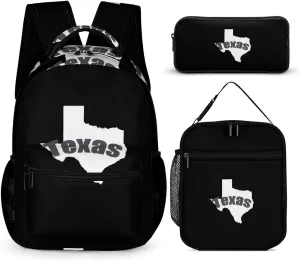 Map of Texas Large Capacity Backpacks with Lunch Bag Pencil Case Set Resistant Daypack 3 Piece