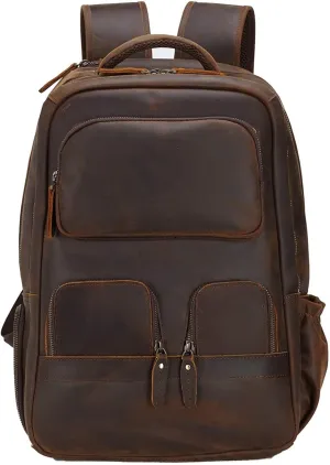 Masa Kawa Leather 15.6 Inch Laptop Backpack for Men Vintage Brown Large Business Travel Rucksack Bag Overnight Daypack