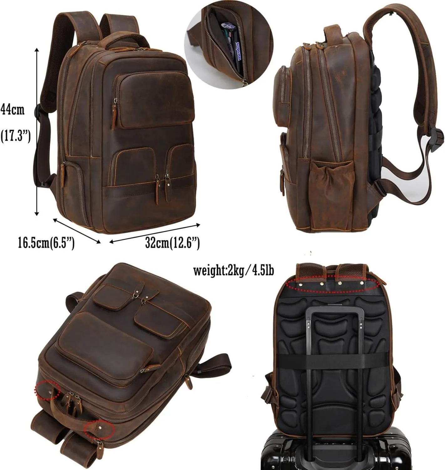 Masa Kawa Leather 15.6 Inch Laptop Backpack for Men Vintage Brown Large Business Travel Rucksack Bag Overnight Daypack
