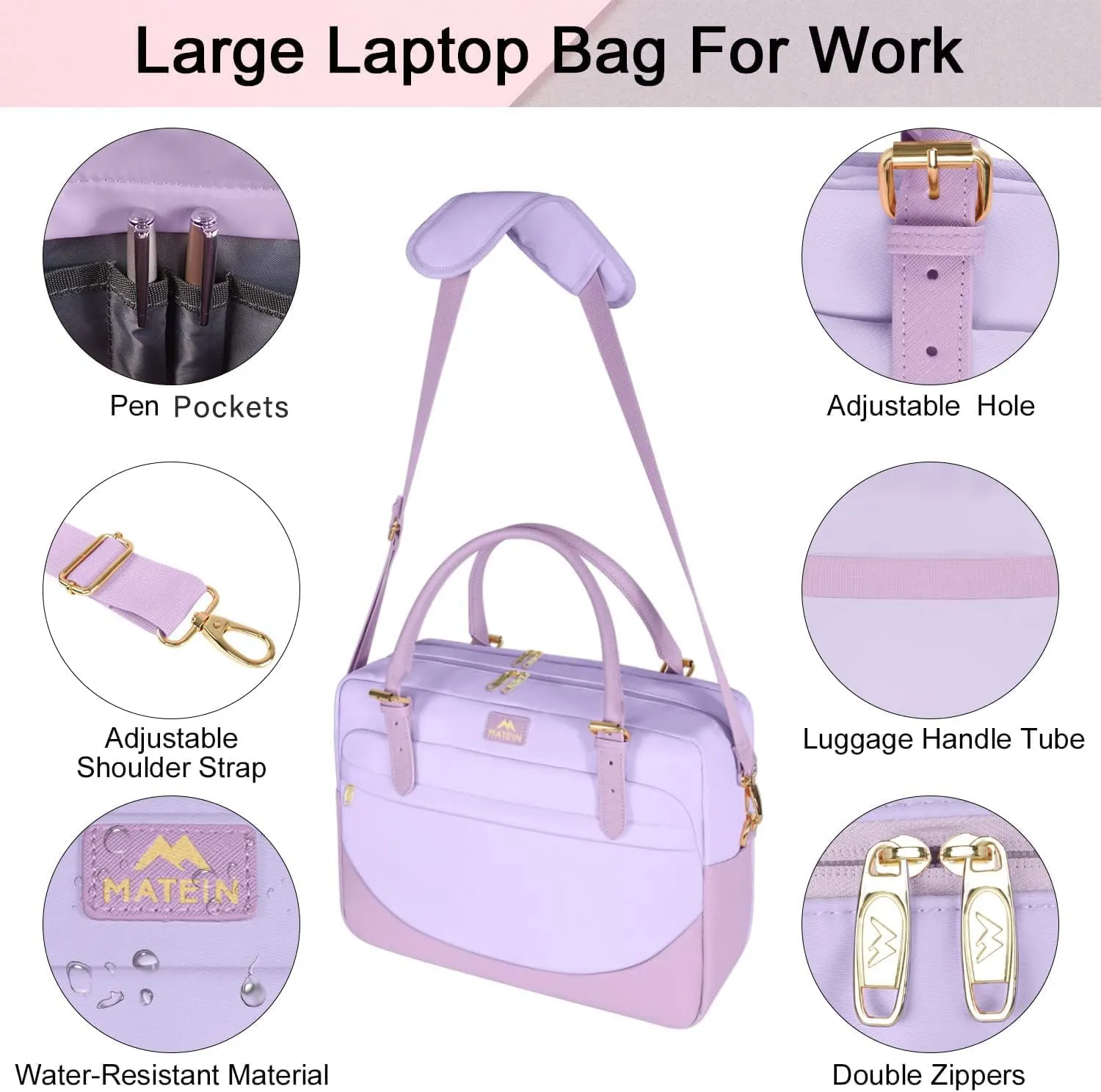 MATEIN Laptop Briefcase for Women, Fashion 15.6 inch Computer Sleeve Bag Case with Adjustable Shoulder Strap, Water Resistant Cute Purple Messenger Work Tote Bag Gifts for Women Nurse Teacher College