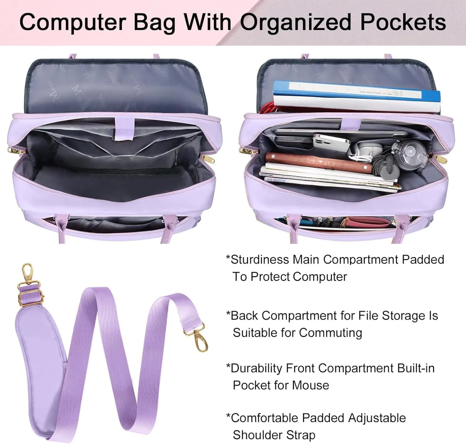 MATEIN Laptop Briefcase for Women, Fashion 15.6 inch Computer Sleeve Bag Case with Adjustable Shoulder Strap, Water Resistant Cute Purple Messenger Work Tote Bag Gifts for Women Nurse Teacher College