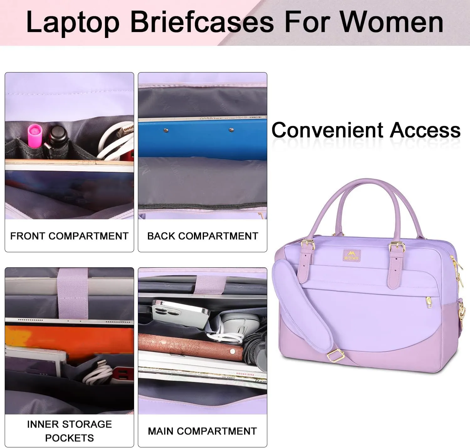 MATEIN Laptop Briefcase for Women, Fashion 15.6 inch Computer Sleeve Bag Case with Adjustable Shoulder Strap, Water Resistant Cute Purple Messenger Work Tote Bag Gifts for Women Nurse Teacher College