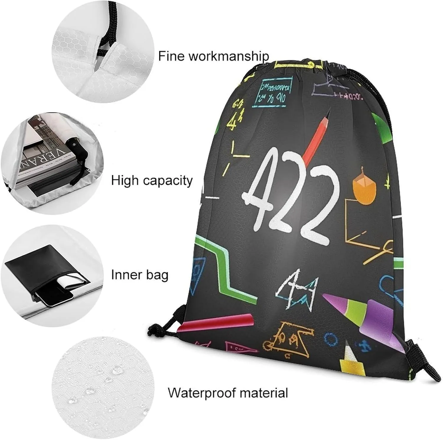 Math Quiz Drawstring Backpack Travel Sports Drawstring Bags Portable Storage Gym Bag for Men Women, 35*42cm, Style-1