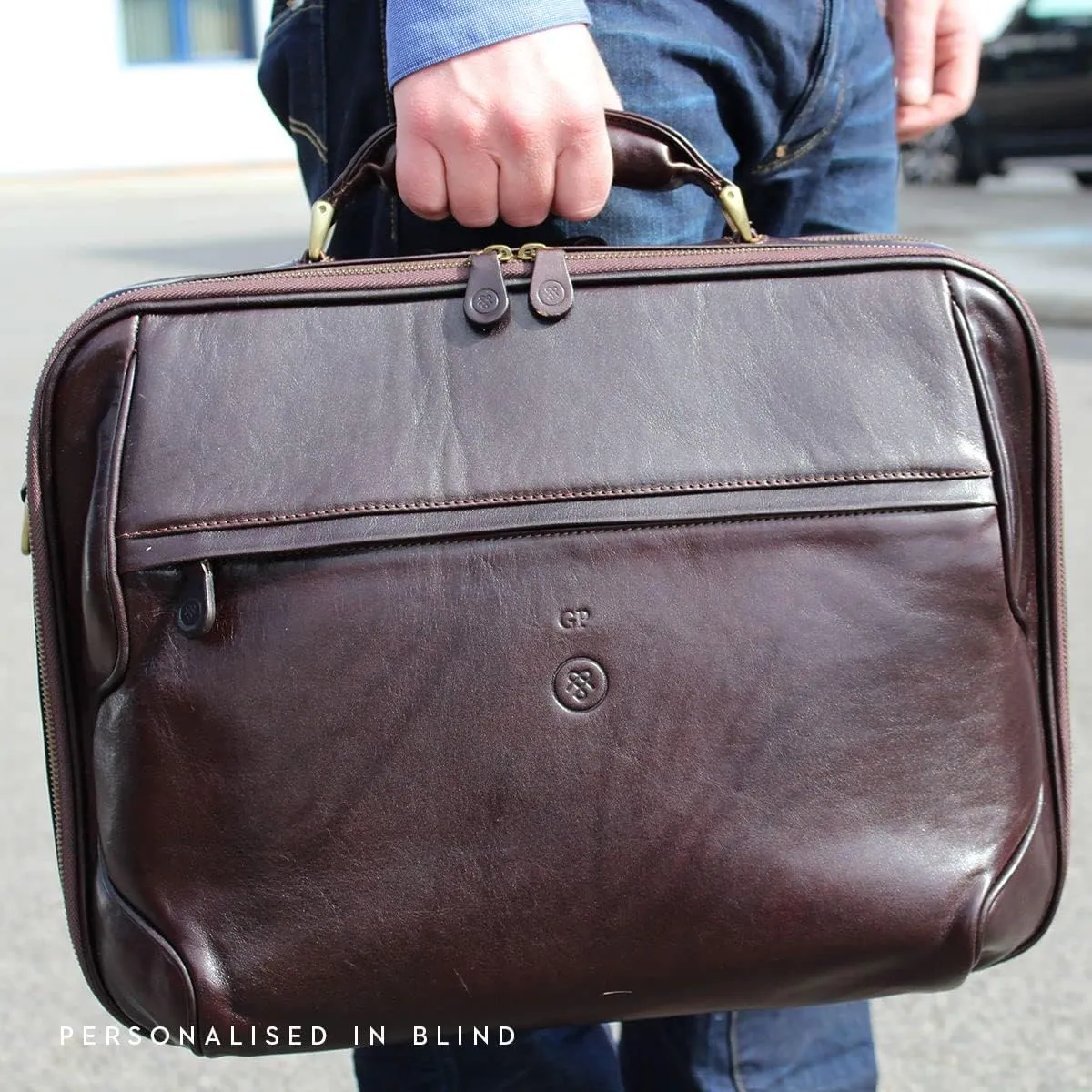 Maxwell Scott - Mens Luxury Large Leather Laptop Briefcase for Up To 17" Laptop with 3 Sided Zip - The Volterra