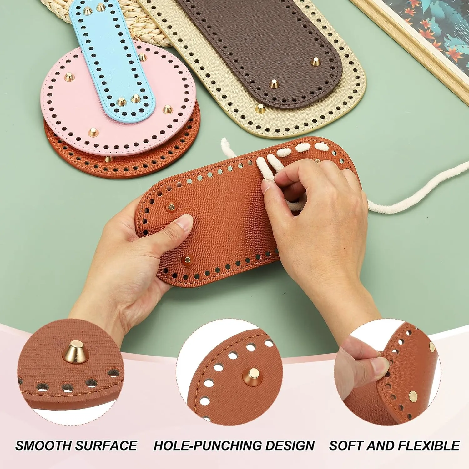 MECCANIXITY 2Pcs Crochet Bag Bottom, 4.7"x9.8" Oval Purse Bottom Leather Bag Bottom Shaper Pad with Holes Knitting Crochet Bag Cushion Base for DIY Handbag Purse Making Supplies, Coffee
